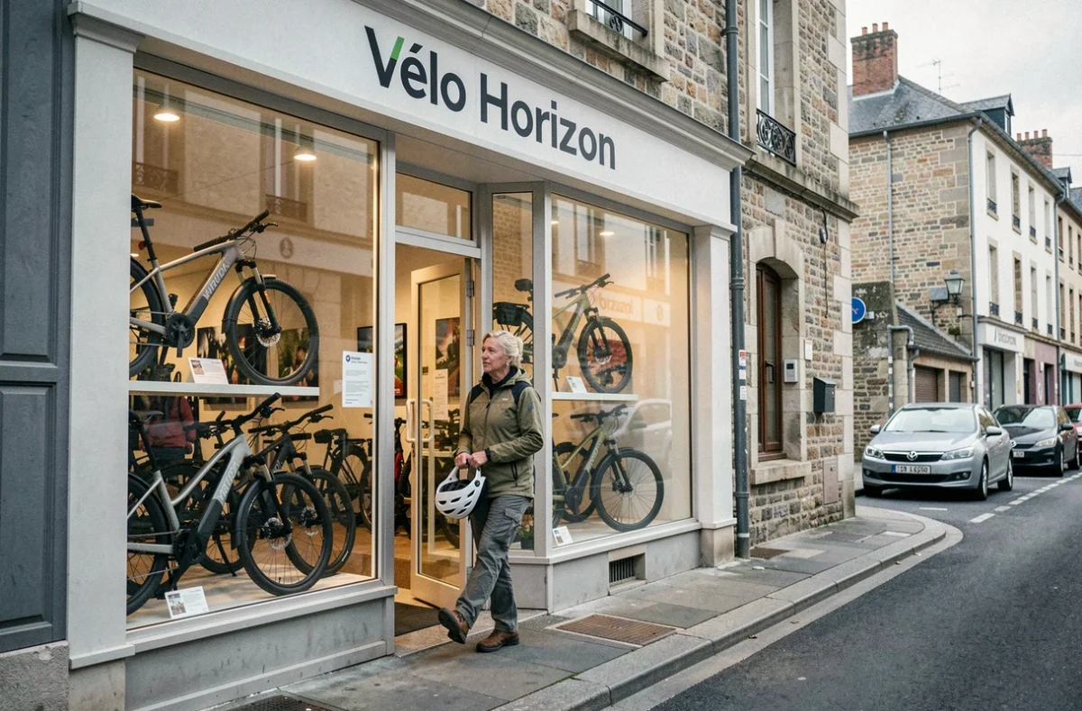 Devanture du magasin Vélo Horizon à Angers avec des vélos électriques en vitrine et une cliente sortant de la boutique avec un casque
