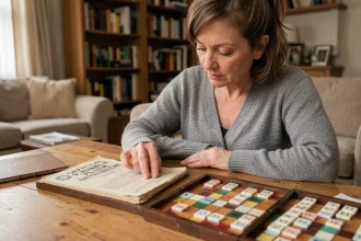 Joueuse de Scrabble consultant le dictionnaire officiel pour vérifier un mot contesté pendant une partie