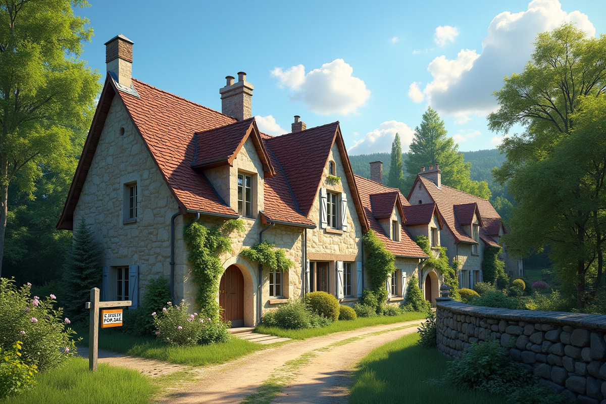 Village rural en France avec maisons en pierre et panneau vente