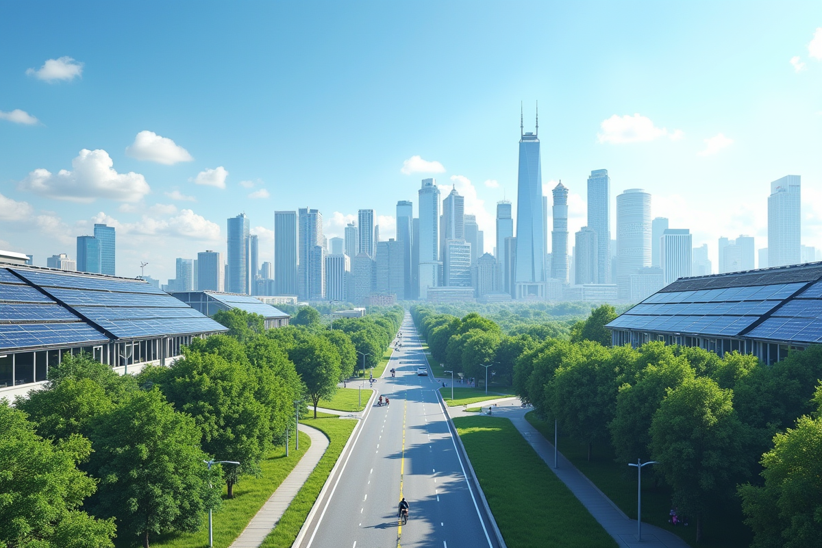 Ville moderne avec panneaux solaires et parc urbain