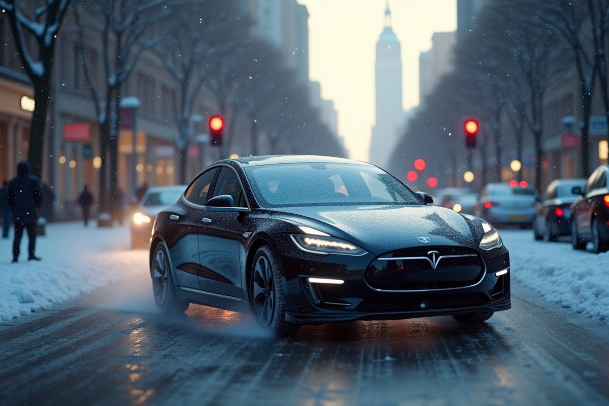 Voiture électrique dans une ville enneigée au matin