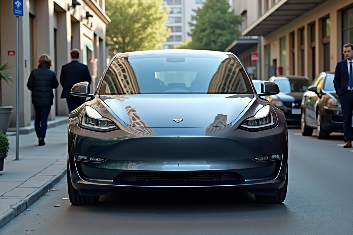Voiture électrique d'occasion stationnée en ville avec panneau de vente