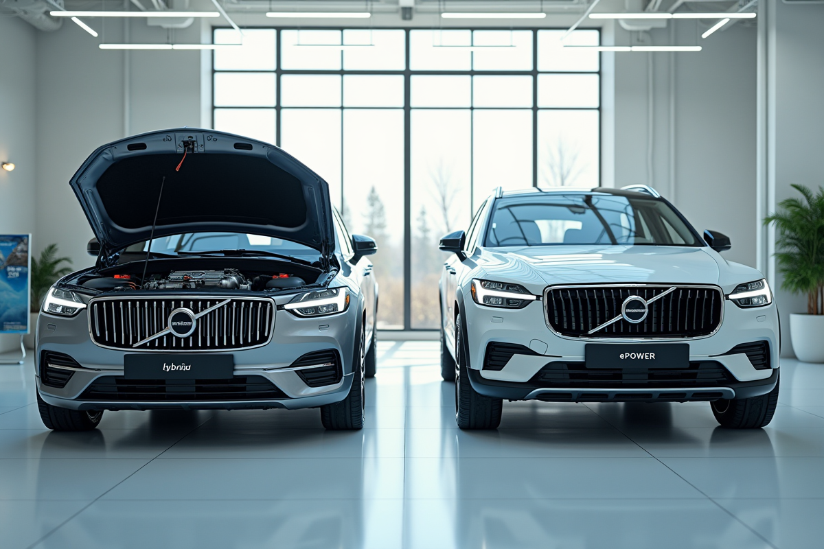 Deux voitures modernes dans un showroom lumineux avec moteurs hybrides