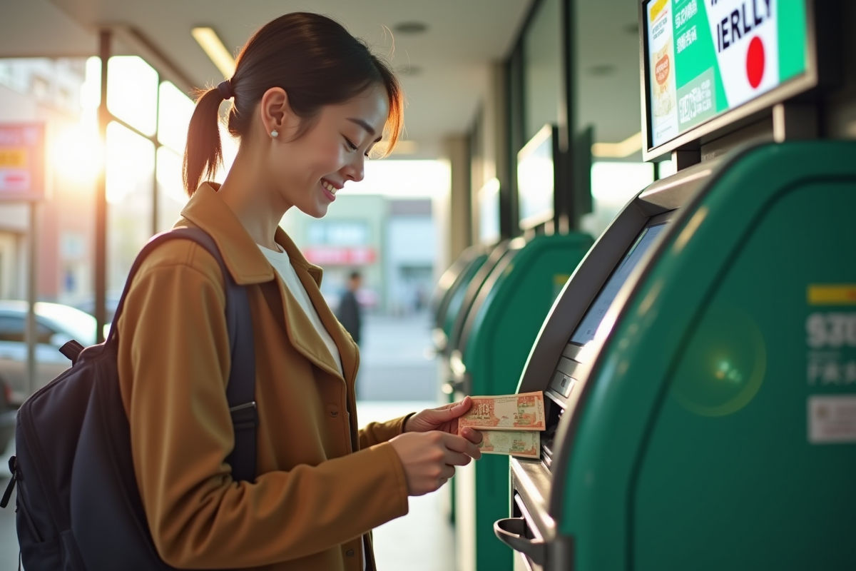 Voyageur retirant de l'argent à un ATM japonais lumineux