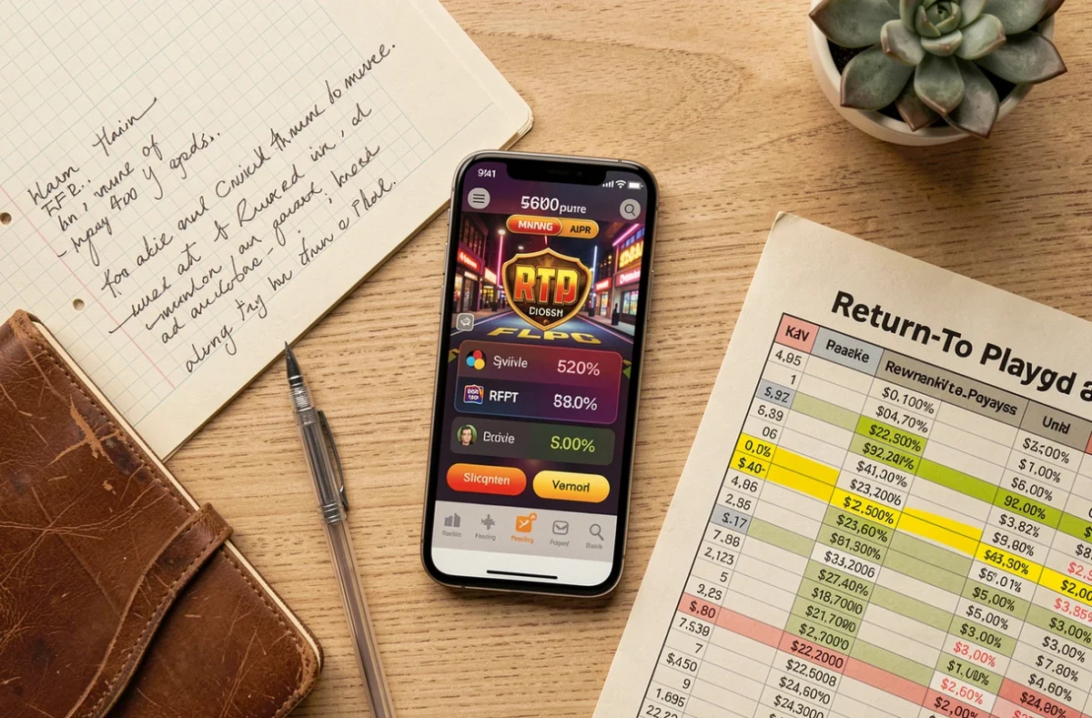 Vue aérienne d'un bureau avec smartphone affichant les taux RTP d'un casino en ligne, notes manuscrites et statistiques imprimées