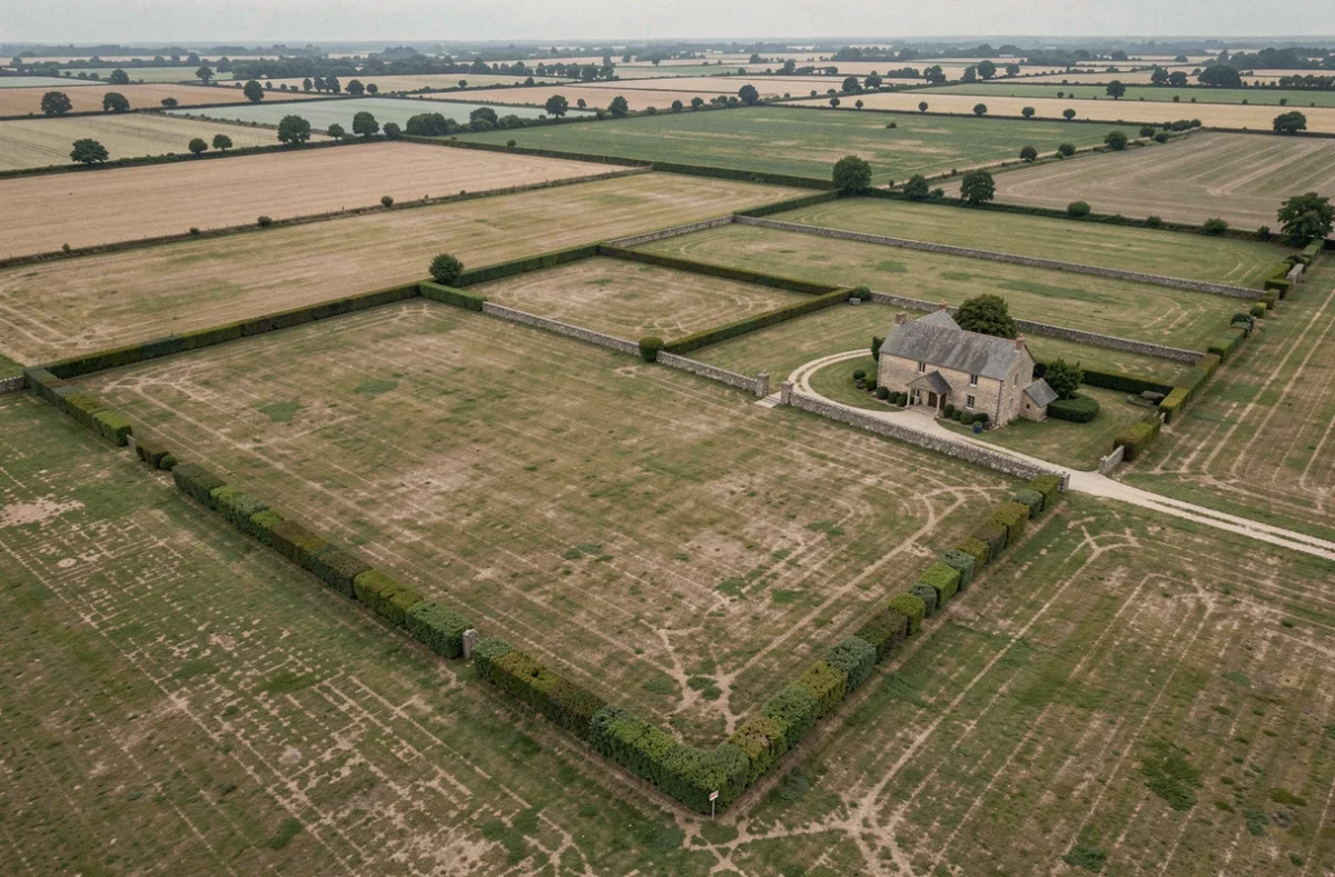 Vue aérienne d'un grand terrain rural délimité en hectares dans la campagne française